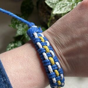 Cotton hemp cord wrapped leather bracelet blue white yellow basketweave unisex